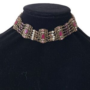Vintage Victorian Beaded Choker Elegant Gold and Pink Choker‎ Necklace